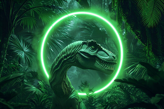 Dinosaur Dino T-rex in neon tropical jungle on green background, 3d rendered. AI Generative. Advertisement, cover or wallpaper, screensaver. Monochrome