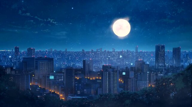 Full moon over the city. Seamless looping time-lapse 4k video animation background 