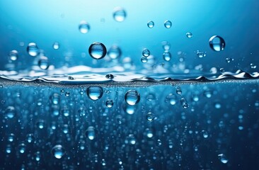 Splash of clear liquid cosmetic product. Gel texture with bubbles. Lots organic oil bubbles on blue background. Concept of skin moisturizing. Oil and water bubbles macro photography.