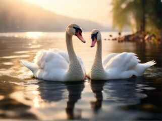 beautiful swan swim on lake in the morning