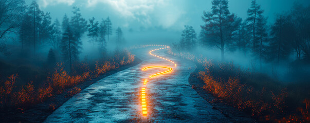 A conceptual 3D illustration of a road transforming into a question mark, symbolizing uncertainty, decision making, and the journey of seeking answers - obrazy, fototapety, plakaty