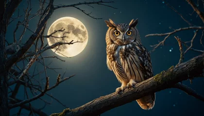Poster Beauty of an owl perched on a branch against the backdrop of a full moon, its feathers softly glowing in the moonlight, conveying both the mystery and tranquility of the nocturnal world © mdaktaruzzaman