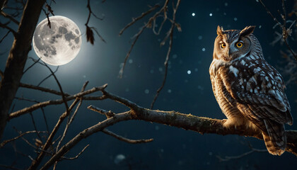 Beauty of an owl perched on a branch against the backdrop of a full moon, its feathers softly glowing in the moonlight, conveying both the mystery and tranquility of the nocturnal world