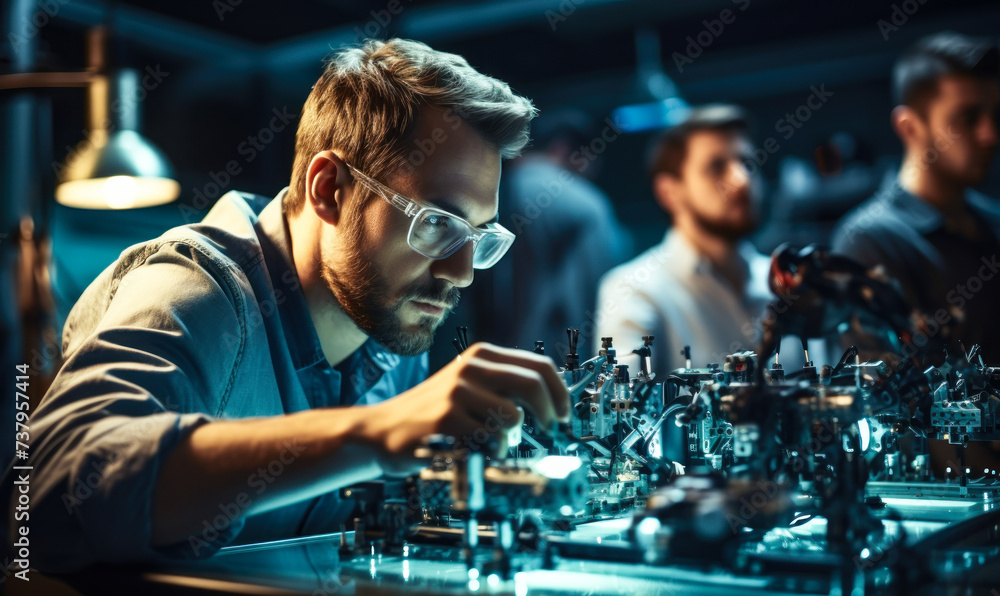 Poster focused engineer intently working on advanced robotic arm assembly in high tech development laborato