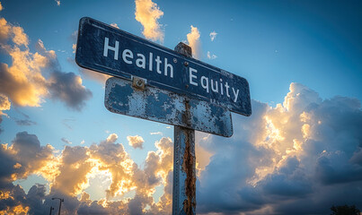 Health Equity written in white on a weathered black street sign against a dynamic sky with contrasting clouds