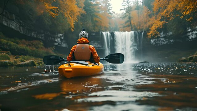 a young man kayaking to a water fall river near the forest adventure concept