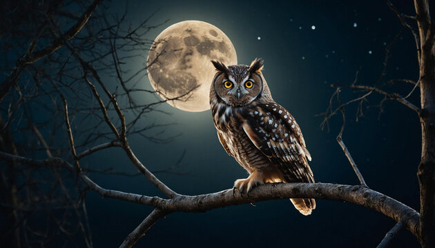Beauty of an owl perched on a branch against the backdrop of a full moon, its feathers softly glowing in the moonlight, conveying both the mystery and tranquility of the nocturnal world
