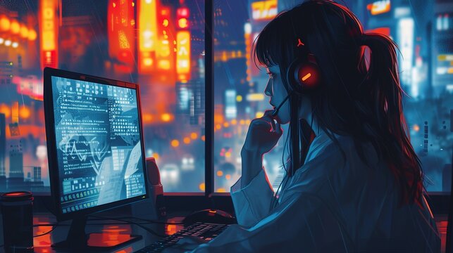 Anime Girl concept, woman with headset on a desktop computer