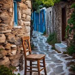 Fototapeta na wymiar A wooden chair on the narrow pathway among old stone Mediterranean houses with blue doors, windows and green ivy vine trees
