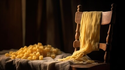 Homemade pasta drying on chair against dark background,