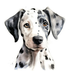 Dalmatian puppy portrait on a white background. Cute digital watercolour for dog lovers.