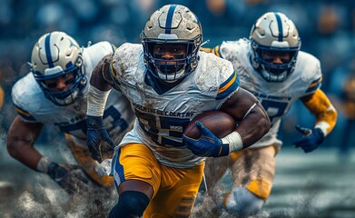 Focused Running Back Powers Through Defenders on the Football Field, Embodiment of Strength and Determination