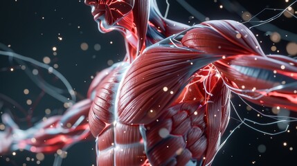 human muscle anatomy of chest, arms, and abdominals with electrical impulses