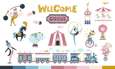 Vintage circus set. Vector illustration in pastel colors. Simple hand-drawn cartoon style. Cute characters of people and trained animals, trains and rides. © Svitlana Kharchuk
