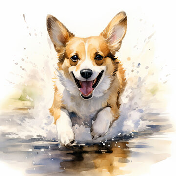 Beautiful Welsh Corgi dog running through a puddle. Watercolour painting isolated on white background.