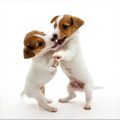 two jack russell terrier puppies playing with each other on white background,