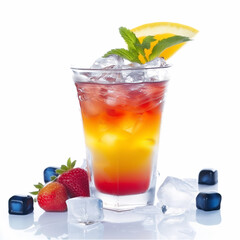 a single, colourful summer cocktail , isolated on white background with ice cubes surrounding it