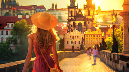 Beautiful tourist young woman walking in Prague city street on summer, Czech Republic, tourism travel holiday vacations concept in Europe - obrazy, fototapety, plakaty