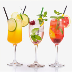 Colourful summer cocktails with fruit and straws, isolated on white background.
