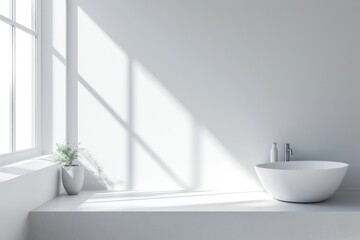 Minimalist Bathroom with Sunlight Casting Shadows on White Basin and Decorative Plant.