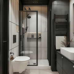 Ultra-compact bathroom with distinct wet and dry zones, showcasing a modern, minimalist, and unique design style