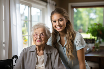 Cheerful young woman standing with her elderly grandmother in a wheelchair at home.