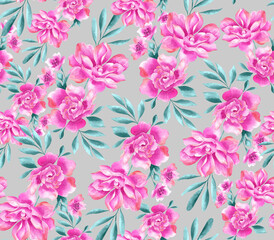 Watercolor flowers pattern, pink tropical flowers, green leaves, gray background, seamless
