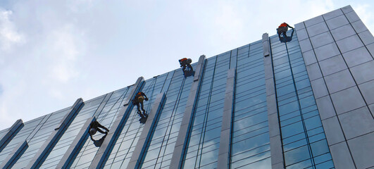 Employee cleaning the glass of a high-rise building city office Abseiling from the roof of a...
