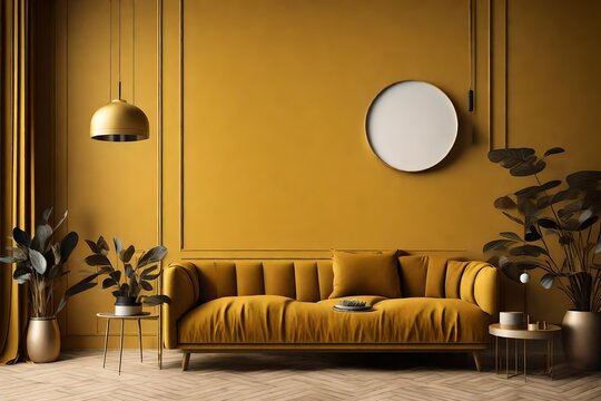 Modern luxury mustard color interior background, poster, wall mock up, 3d render