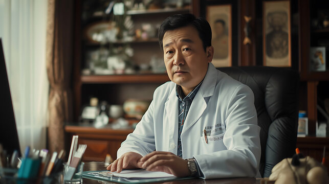 Portrait of mature male doctor sitting in his office and looking at camera
