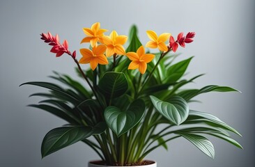 Obraz premium A little twig of houseplant with many beautiful flowers on the light background.