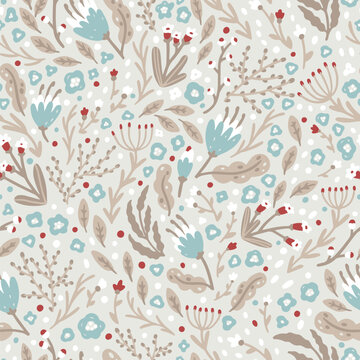 Cute Christmas flower pattern made of small winter flowers. Ditsy print. Hand-drawn illustrations in a simple Scandinavian style. Ideal for printing textiles, baby clothes, fabrics, wallpapers