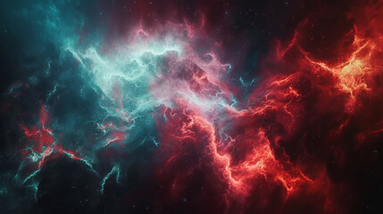 Cosmic currents of fiery vermilion and oceanic turquoise blending seamlessly, creating a vibrant and dynamic abstract display on a canvas painted in mysterious cosmic black. - obrazy, fototapety, plakaty