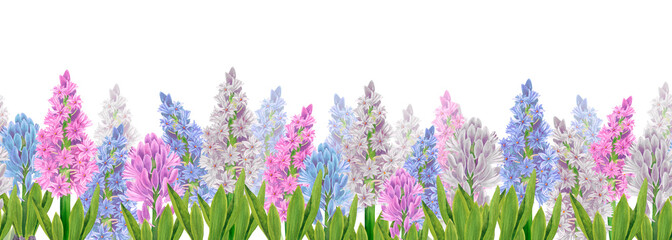Delicate spring seamless border. Spring background with watercolor hyacinths.