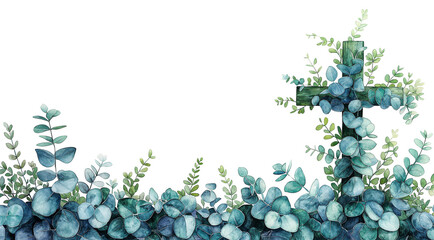 Christianity cross of green eucalyptus leaves on white background. Watercolor illustration - obrazy, fototapety, plakaty