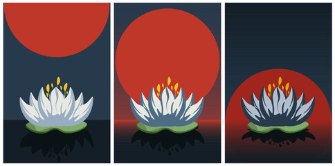 Artwork with Lotus on Sunset background. Sacred plant of India. Beauty Summer Flower. Water lily in the lake. Vector illustration can used web design. EPS 10