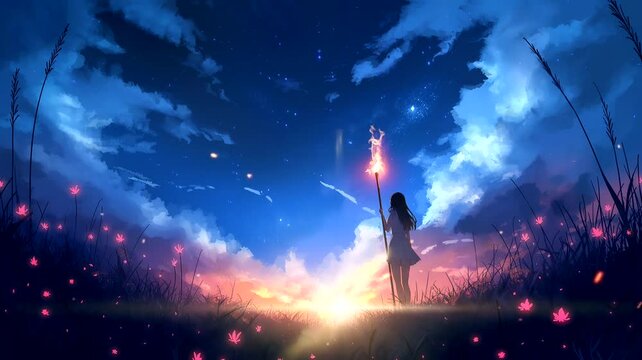 Anime girl with torchlight. Seamless looping time-lapse 4k video animation background