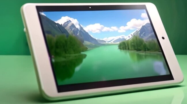 Demonstration of a tablet with green screen, computer generated. Touchscreen device, 3d rendering. Computer generated modern backdrop.