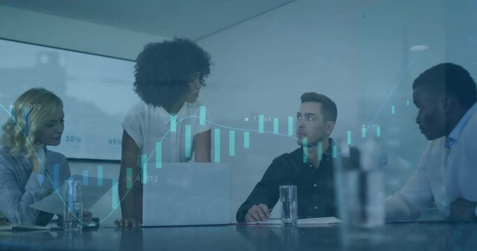 Animation of financial data processing over diverse business people in office
