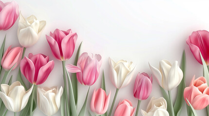 Banner template for International Women's Day featuring elegant white and pink tulips set against a soft white background. 8'th March