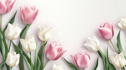 Banner template for International Women's Day featuring elegant white and pink tulips set against a soft white background. 8'th March
