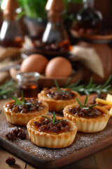 Obraz na płótnie Canvas Mini pecan pie tarts, above view table scene on a rustic wood background. Canadian popular dish
