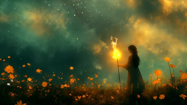Woman with torchlight in the meadow. Seamless looping time-lapse 4k video animation background