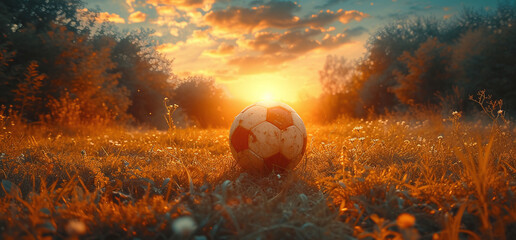 Obraz na płótnie Canvas a football at the garden sunset background.Traditional football ball on the green grass lawn with copy space.Ai