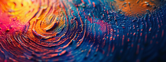 Close up detail of a vibrant colorful abstract fingerprint on textured background banner. Symbolizing exceptionality and uniqueness. - obrazy, fototapety, plakaty