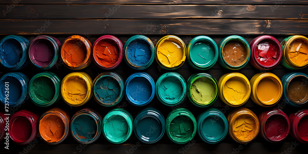 Aufkleber vivid paint cans on wooden surface. an array of open paint cans displaying a vibrant spectrum of col