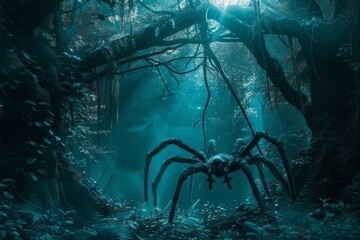 Giant spiders den in a dark corner of a fantasy forest - obrazy, fototapety, plakaty