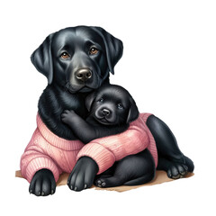 Black Labrador Retriever mother and baby in an embrace, motherhood. Watercolor illustration