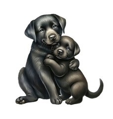 Black Labrador Retriever, cute dogs mom and puppy baby hugging, motherhood. Watercolor illustration