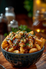 A bowl of poutine consist of French fries, cheese curds, and gravy. Canadian popular dish